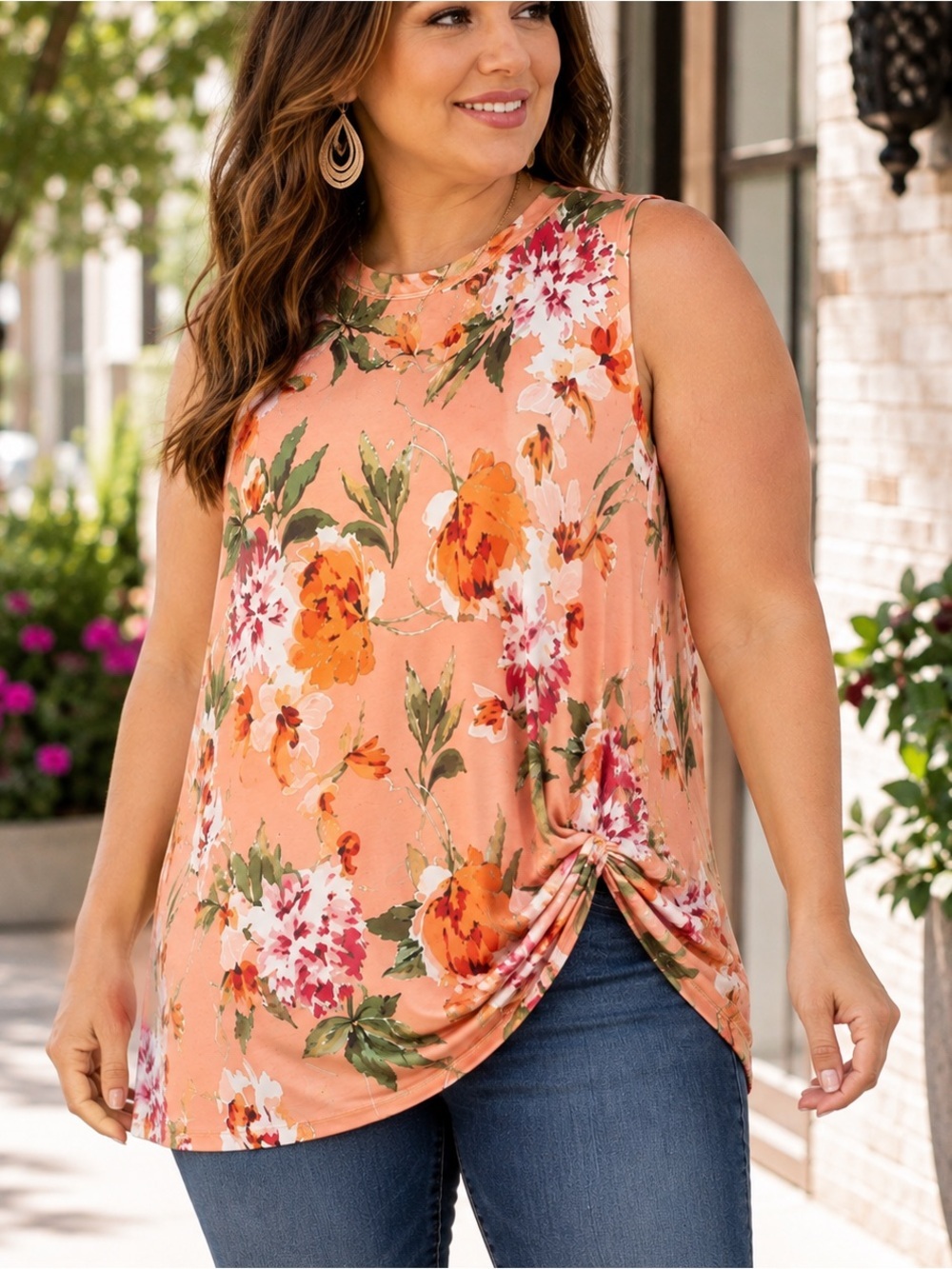 Agnes & Dora Floral Sleeveless Tank Top Coral Peach XXXL
